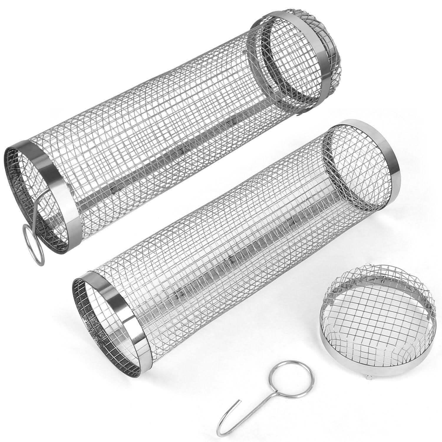 Two round mesh grill baskets with ring handles and metal collar ends