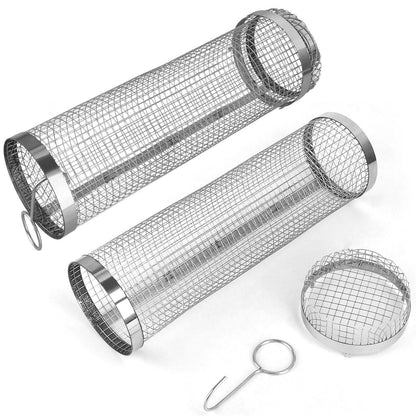 Two round mesh grill baskets with ring handles and metal collar ends
