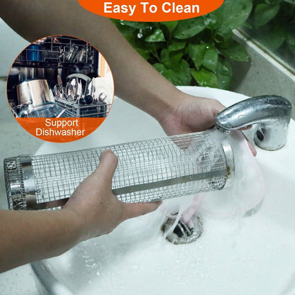 Stainless-steel BBQ grill basket being washed, with loop handle and mesh tube