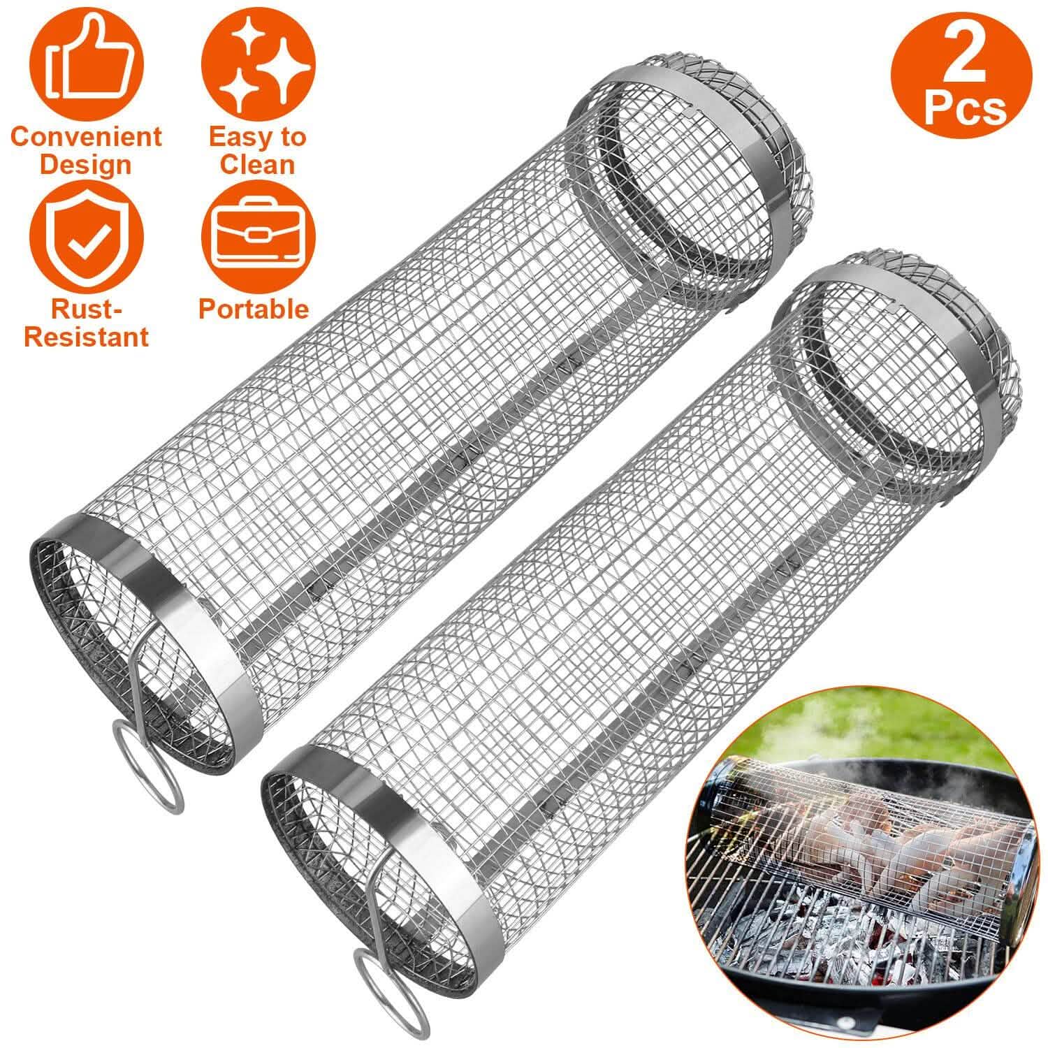 Two long wire mesh BBQ rolling baskets and one round wire basket with handles