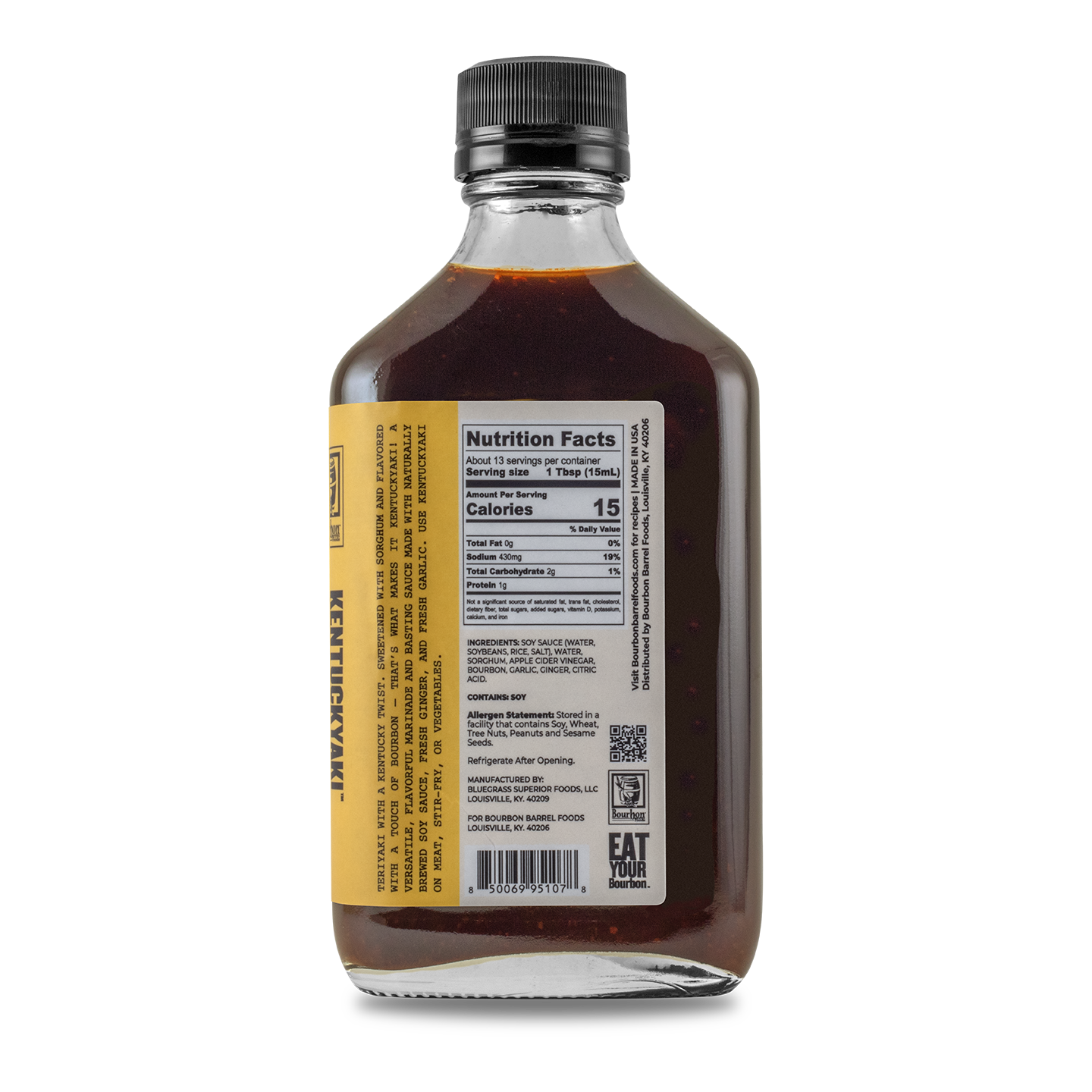 Kentuckyaki™ sauce bottle with amber liquid and back label panel, black cap