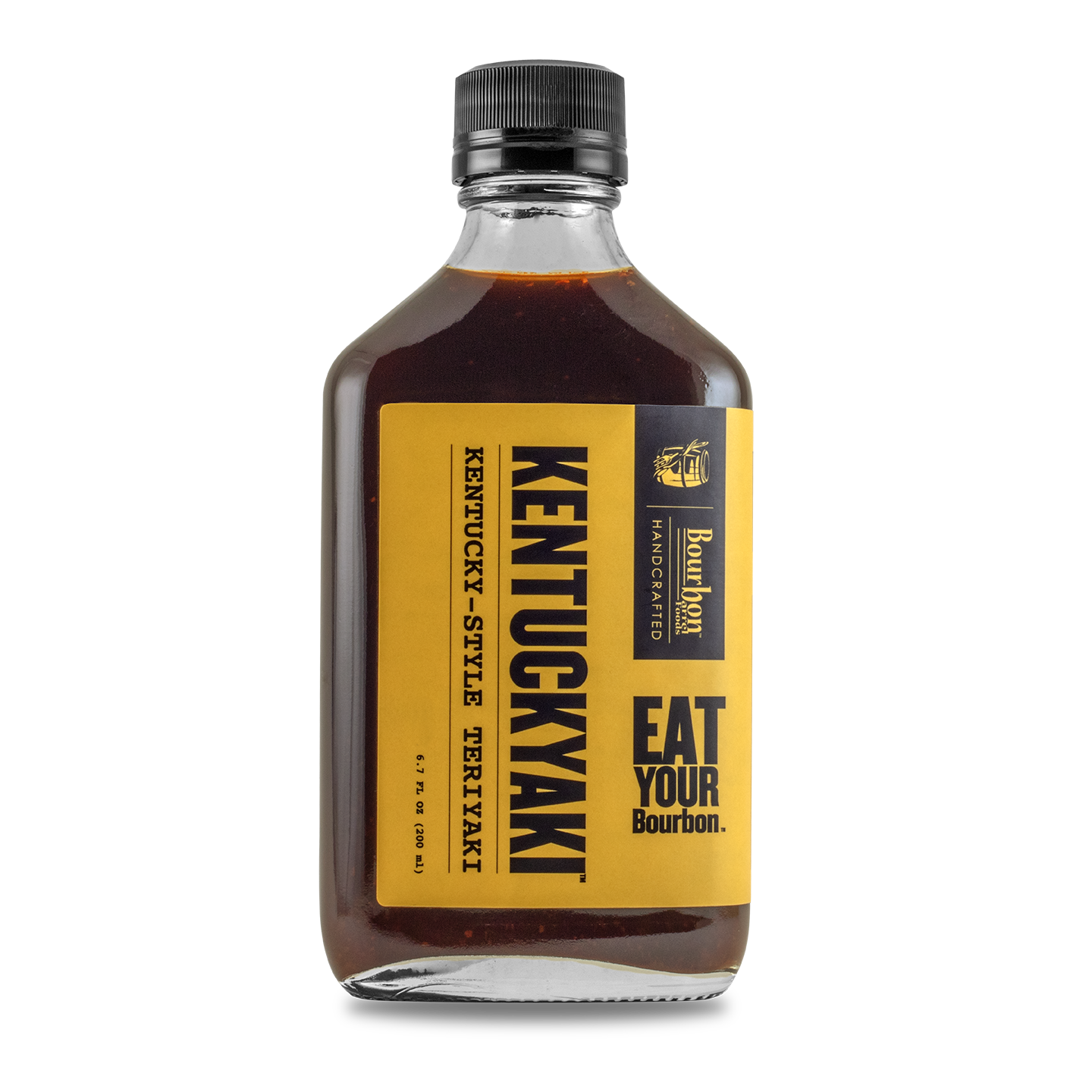 Kentuckyaki™ sauce bottle with amber liquid, black cap, yellow label