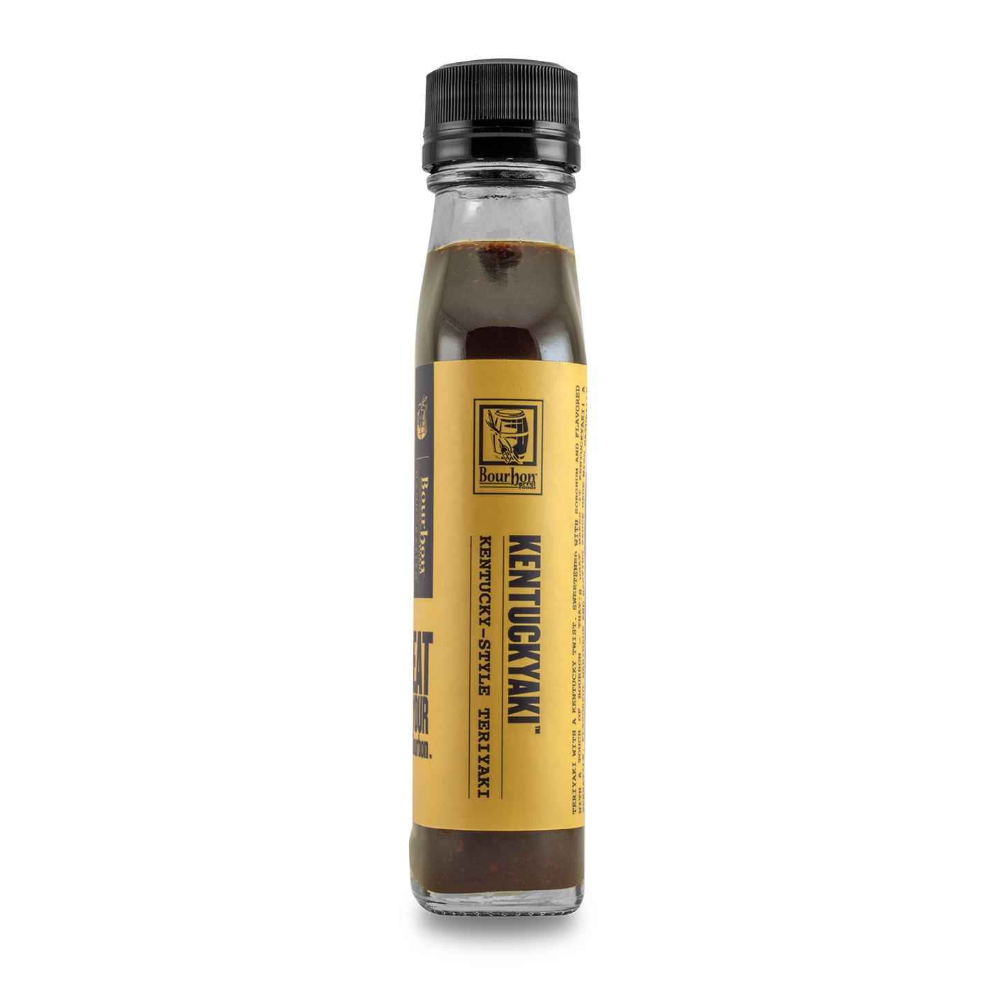 Kentuckyaki™ sauce bottle with amber liquid and yellow side label, black cap