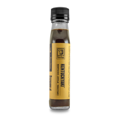Kentuckyaki™ sauce bottle with amber liquid and yellow side label, black cap