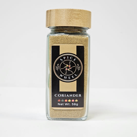 Coriander powder spice jar with tan ground contents and black label