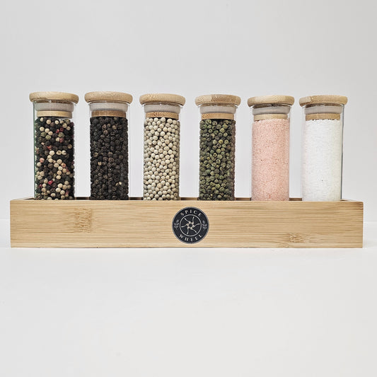 Bamboo salt and pepper shaker set with six glass jars and metal caps