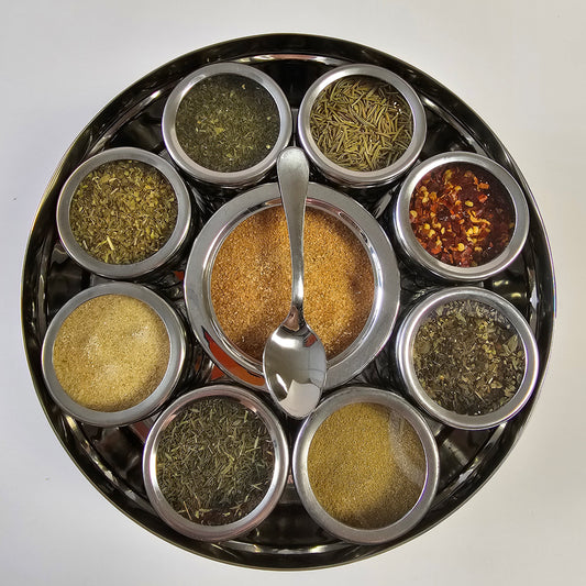 Stainless steel spice wheel with central compartment and 9 round herb jars