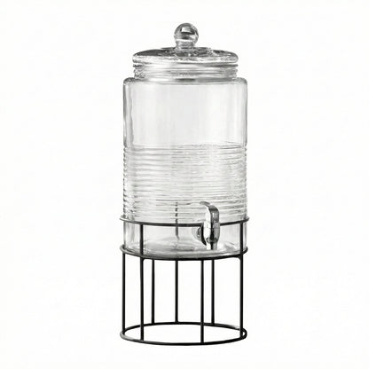 Glass beverage dispenser with metal stand and spigot, empty clear jar