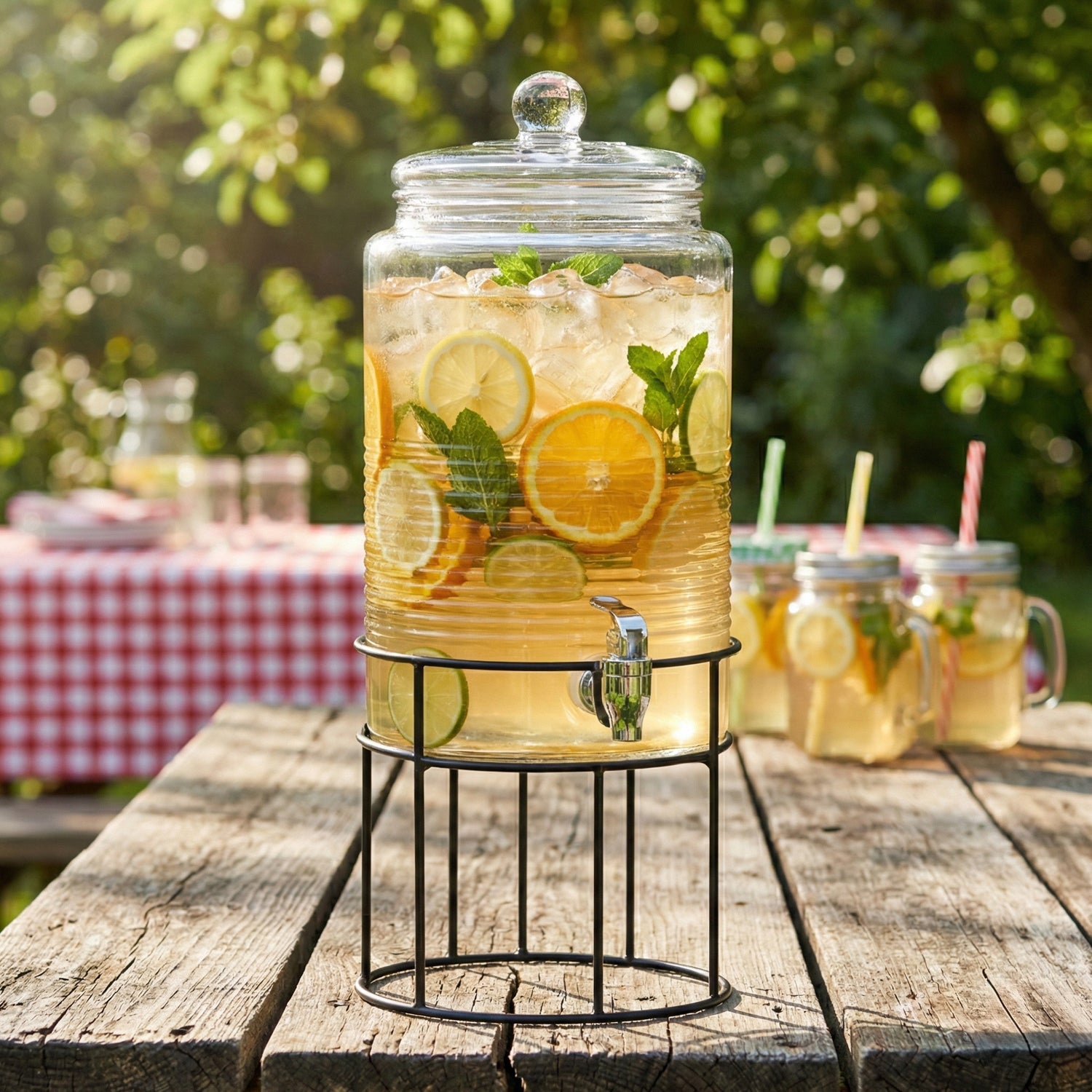 Glass beverage dispenser on black metal stand with spigot, filled with citrus slices
