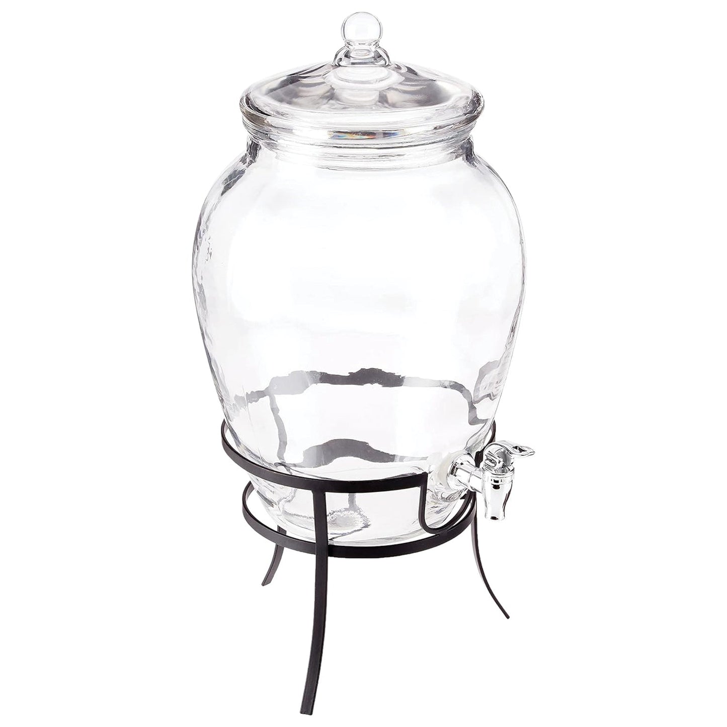 Clear glass beverage dispenser with black metal stand and chrome spigot, 2-gal capacity