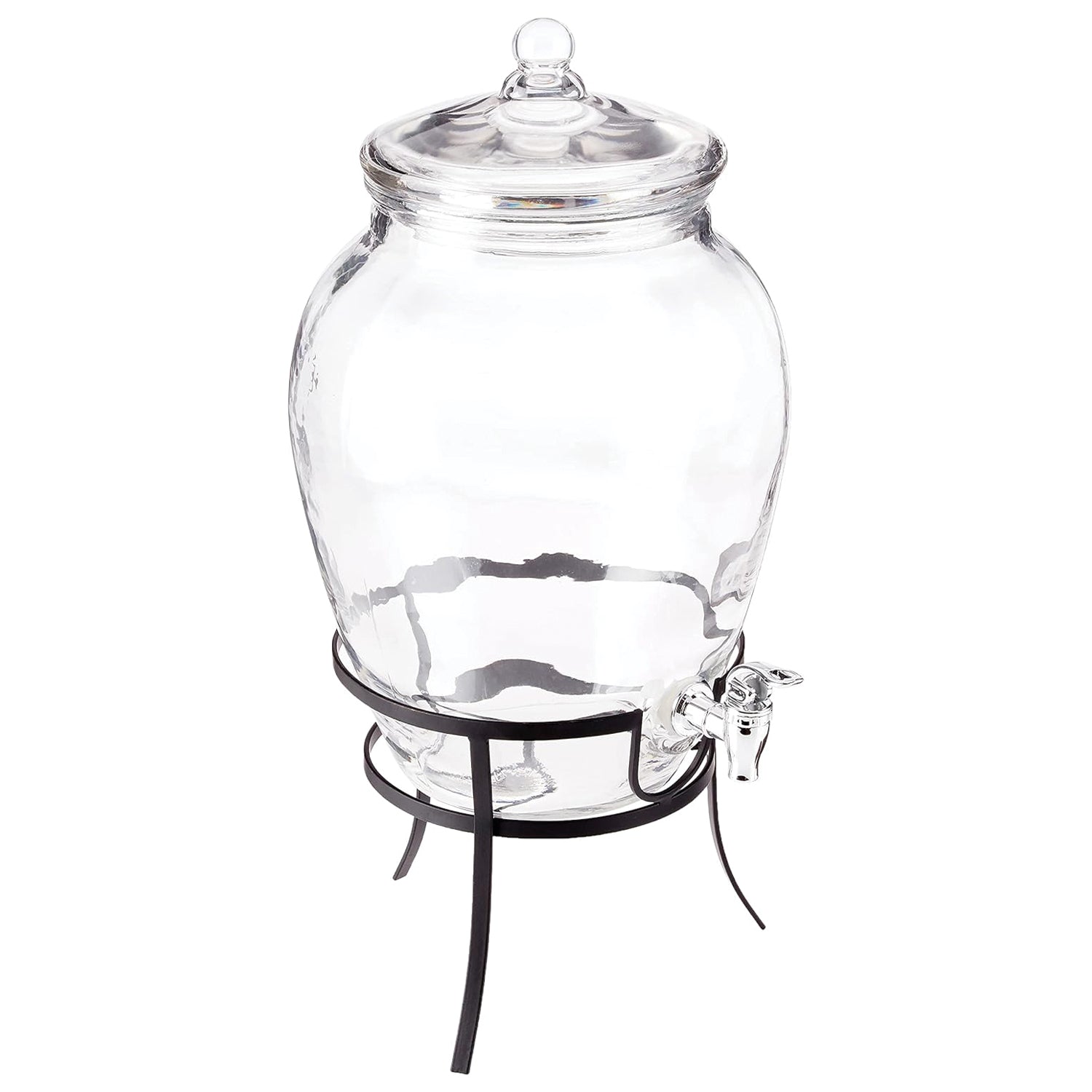 Clear glass beverage dispenser with black metal stand and chrome spigot, 2-gal capacity