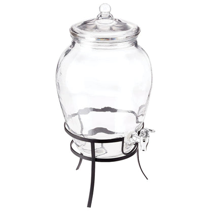 Clear glass beverage dispenser with black metal stand and chrome spigot, 2-gal capacity