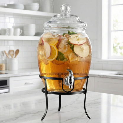 Glass beverage dispenser with black metal stand and chrome spigot, 2-gal capacity, with fruit