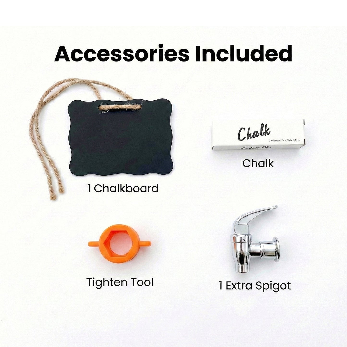 Accessory set: chalkboard label, chalk, extra spigot, and tightening tool for dispenser