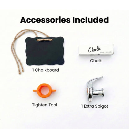 Accessory set: chalkboard label, chalk, extra spigot, and tightening tool for dispenser