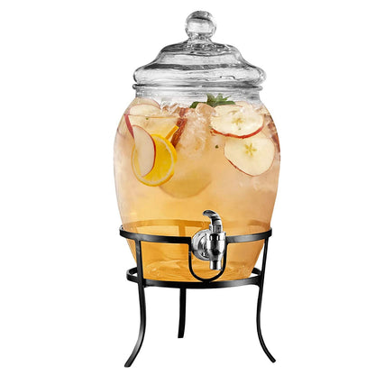 Glass beverage dispenser with black metal stand and chrome spigot, 2-gal capacity