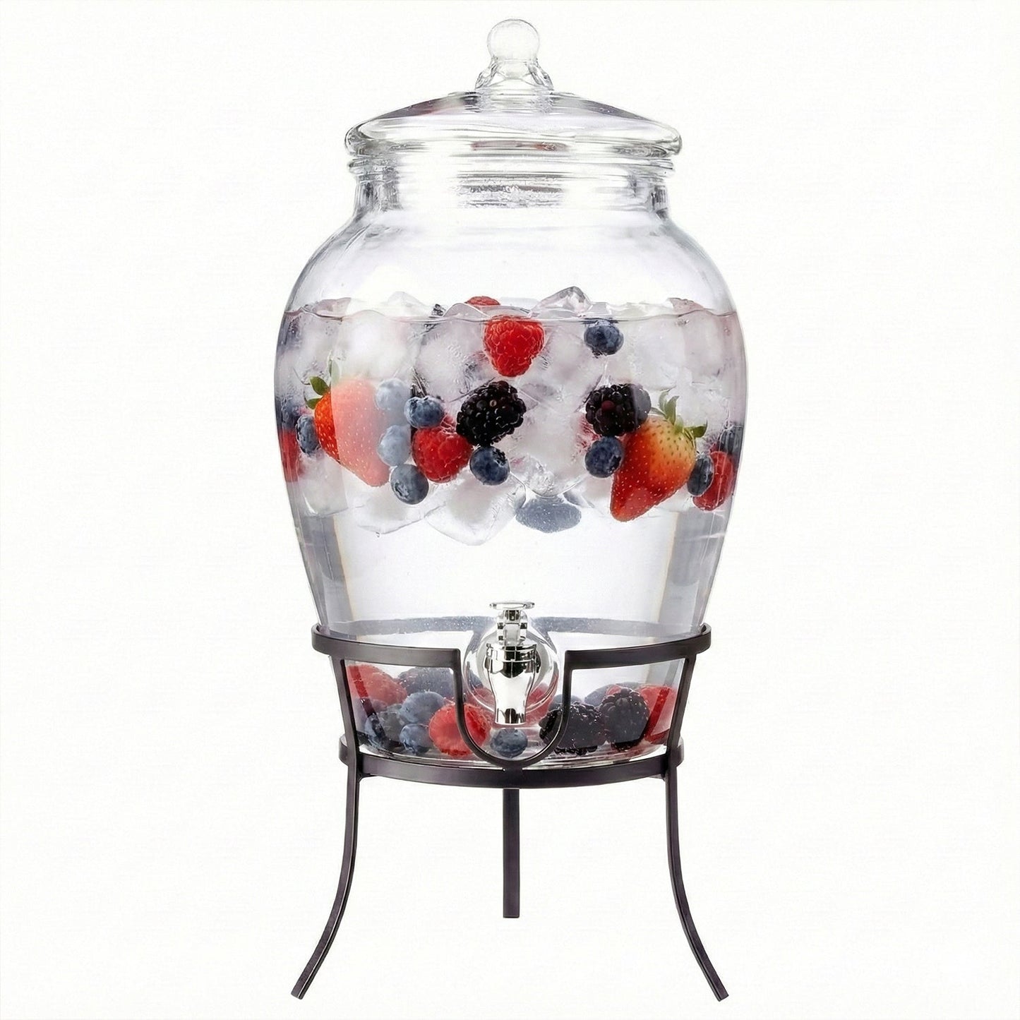 Glass beverage dispenser with clear lid and metal stand, filled with mixed fruit