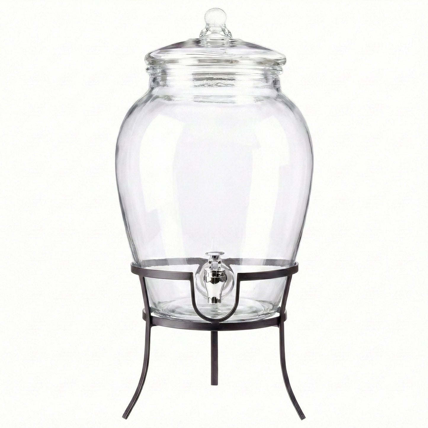 Glass beverage dispenser with clear lid and metal stand, empty and transparent