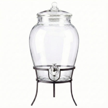 Glass beverage dispenser with clear lid and metal stand, empty and transparent