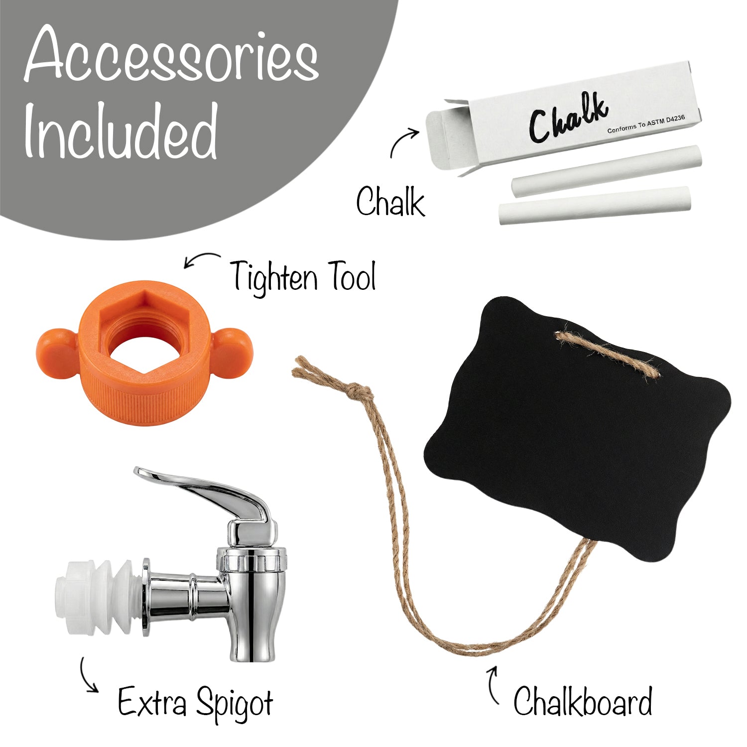 Beverage dispenser accessory set: extra spigot, chalk, chalkboard, tightening tool