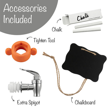 Beverage dispenser accessory set: extra spigot, chalk, chalkboard, tightening tool