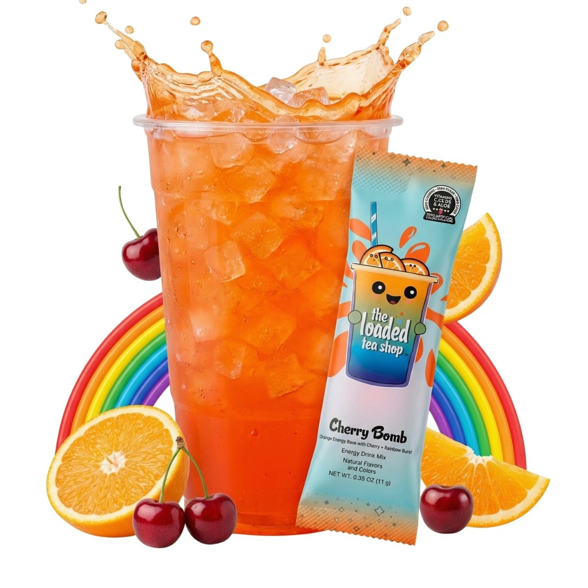 Orange iced tea cup with cherry and citrus slices; Loaded Tea Shop stick packet
