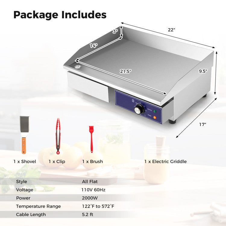 Commercial Countertop Electric Griddle – Cast Iron, 2000W, 300 sq.in