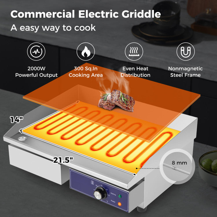 Commercial Countertop Electric Griddle – Cast Iron, 2000W, 300 sq.in