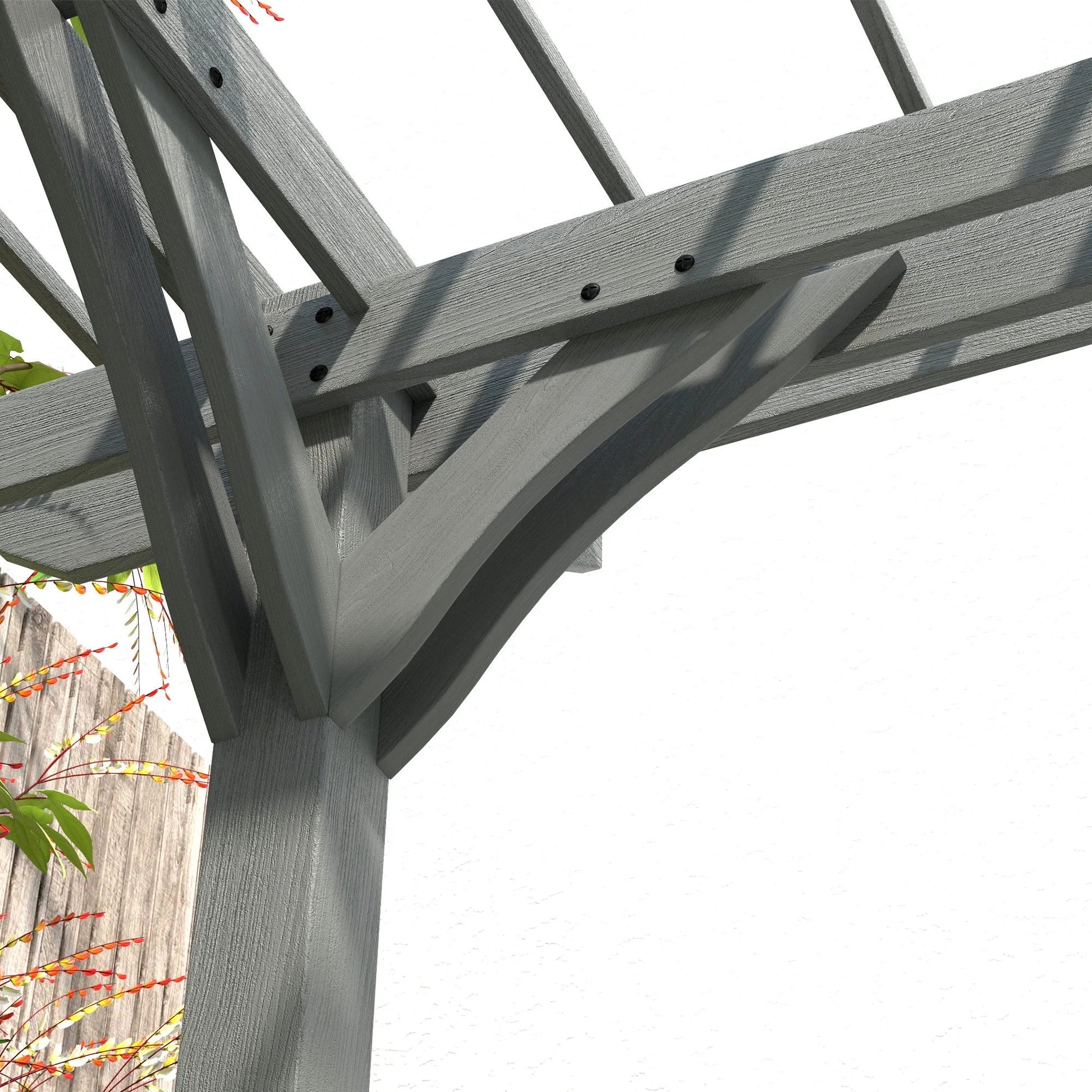 Gray wooden pergola corner joint detail with slatted support beam