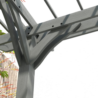 Gray wooden pergola corner joint detail with slatted support beam