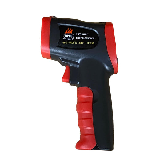 Red and black infrared thermometer gun with display window and trigger