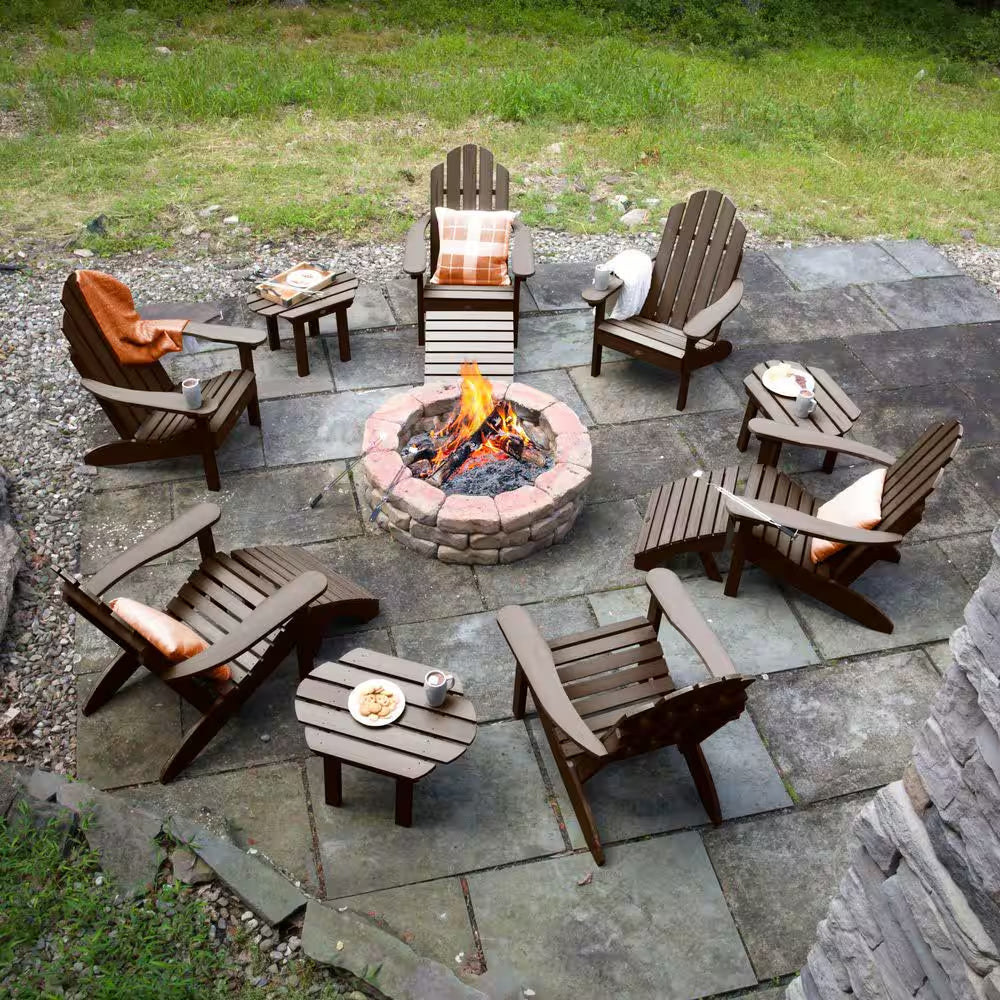 Adirondack fire pit seating set with acorn wood chairs and slatted side tables, around a fire bowl.