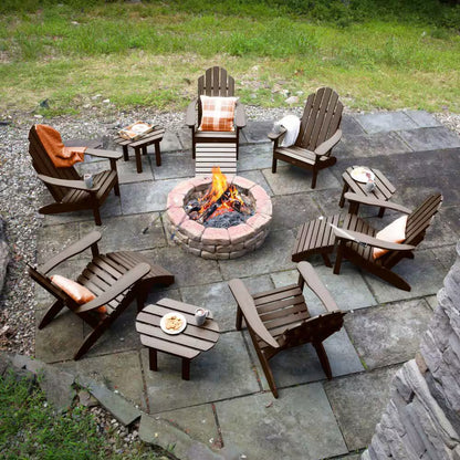 Adirondack fire pit seating set with acorn wood chairs and slatted side tables, around a fire bowl.