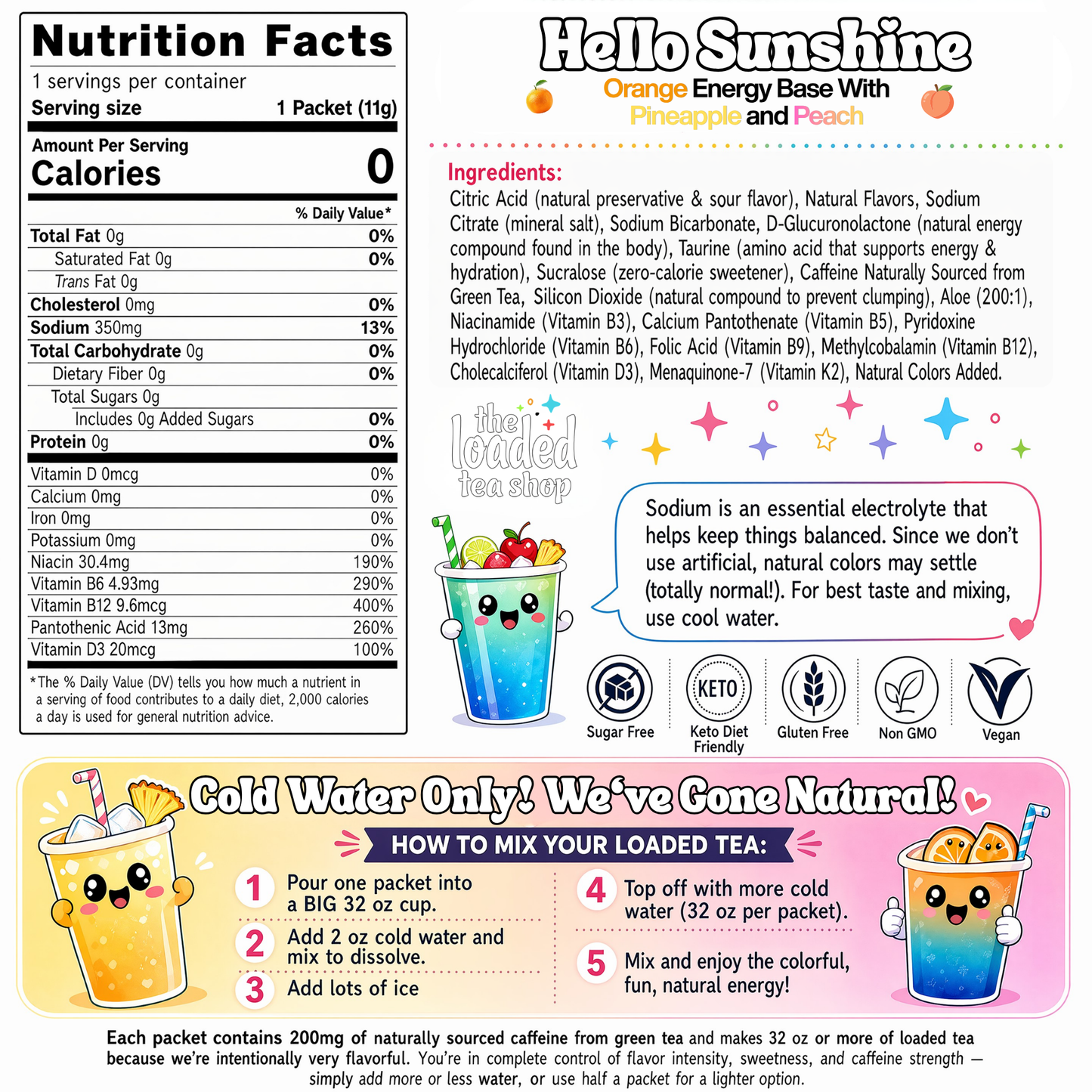 Hello Sunshine loaded tea nutrition facts and ingredients panel, Orange Energy Base