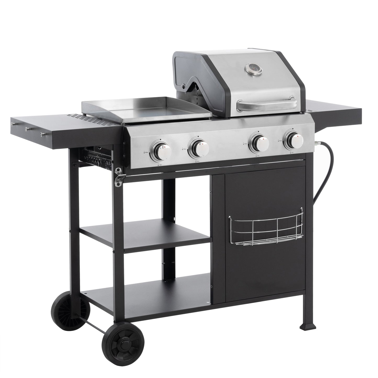 Stainless and black gas grill with four knobs, side prep shelves, storage cabinet