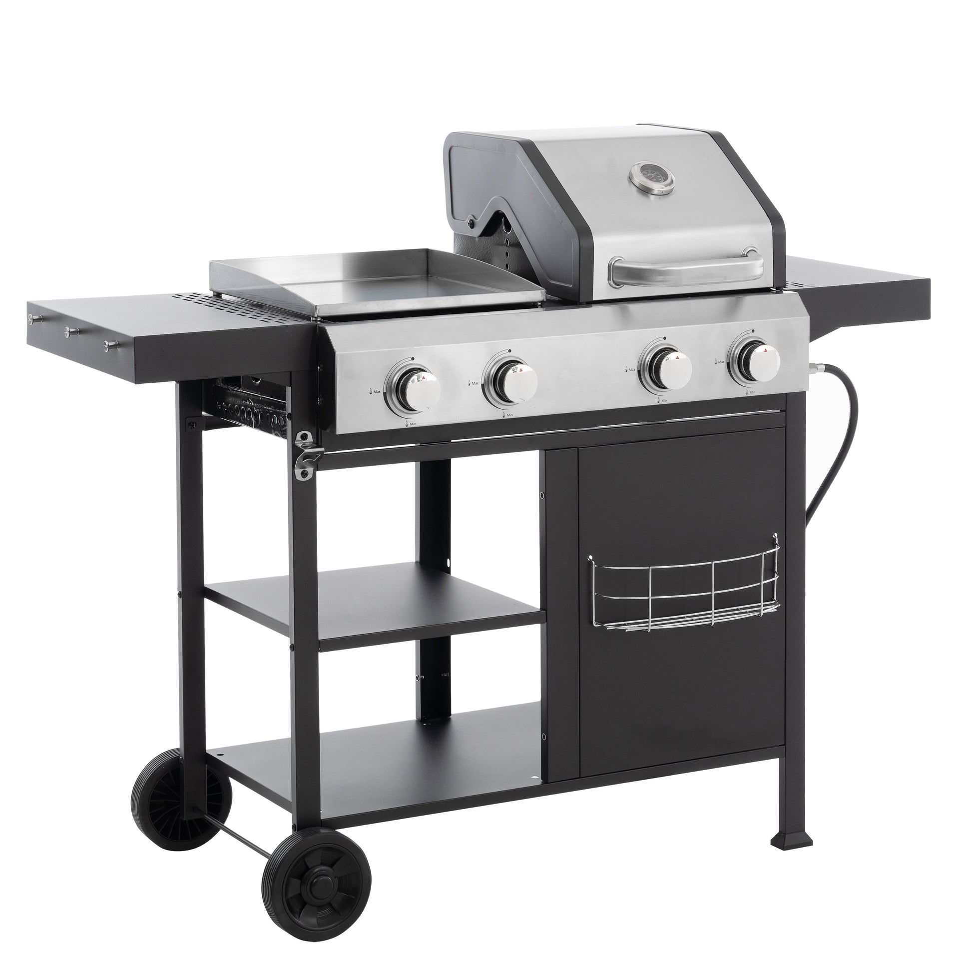 Stainless and black gas grill with four knobs, side prep shelves, storage cabinet