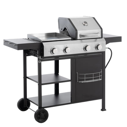 Stainless and black gas grill with four knobs, side prep shelves, storage cabinet