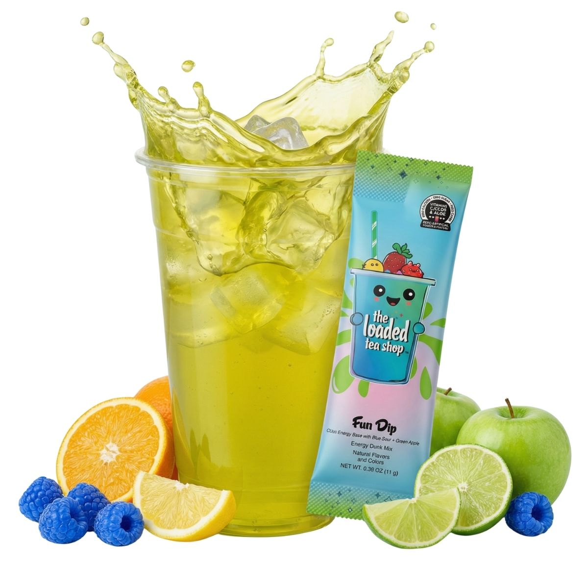 Loaded tea drink mix with bright green iced cup, packet, and apple and citrus slices