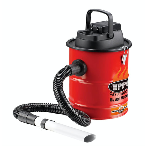 Red ash vacuum with black handle and flexible suction hose