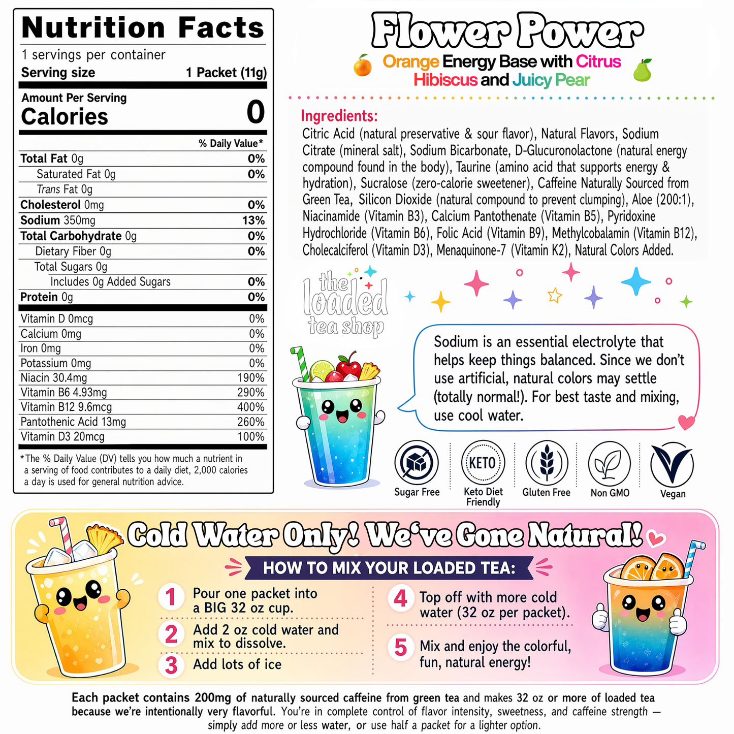 Flower Power loaded tea nutrition facts panel with ingredients and dietary icons