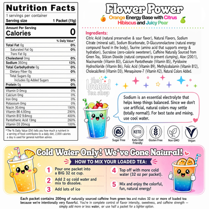 Flower Power loaded tea nutrition facts panel with ingredients and dietary icons