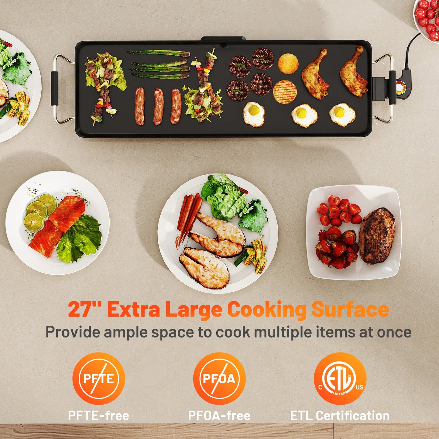 Large Nonstick Electric Griddle – Adjustable Temperature, PTFE & PFOA Free