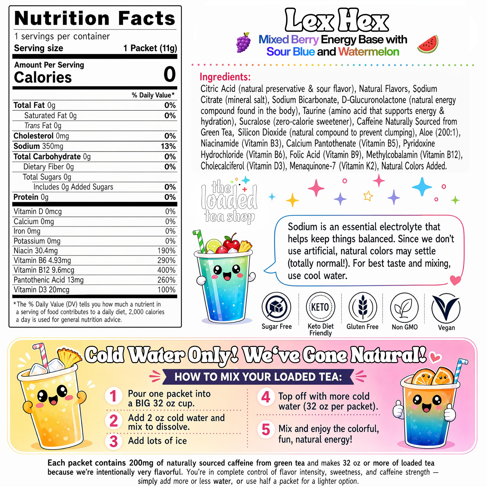Nutrition facts panel for Lex Hex mixed berry energy base with sour blue raspberry