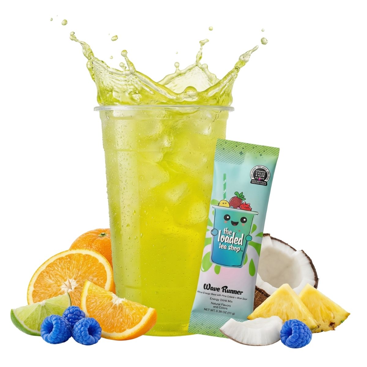 Citrus loaded tea in a tall cup with fruit slices, berries, and pineapple garnish