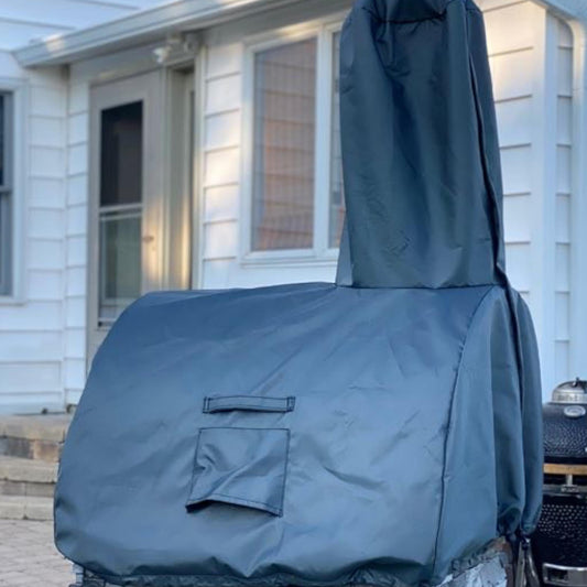 Blue wood-fired oven cover with front flap and carry handles