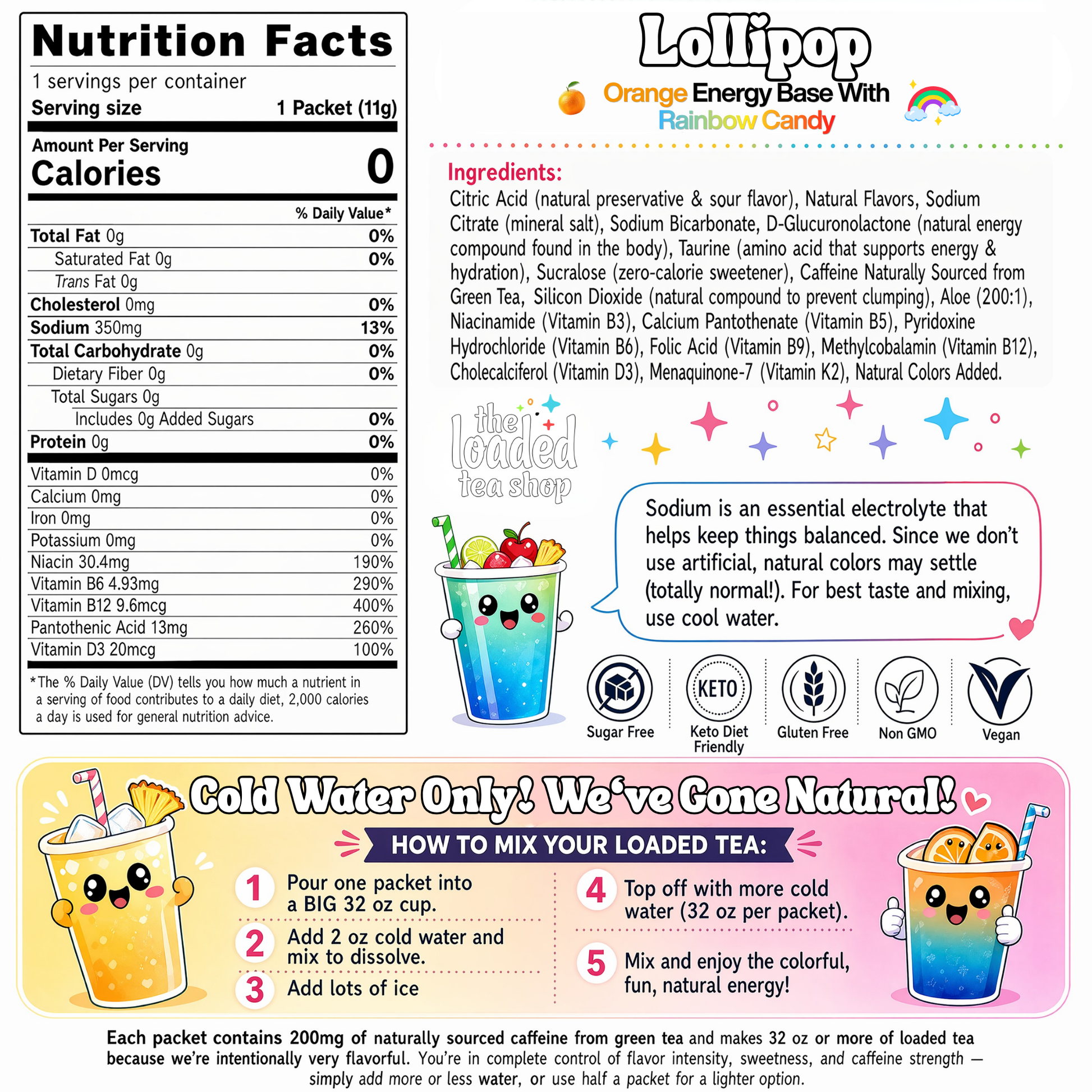 Nutrition facts label for Lollipop orange energy base with rainbow candy
