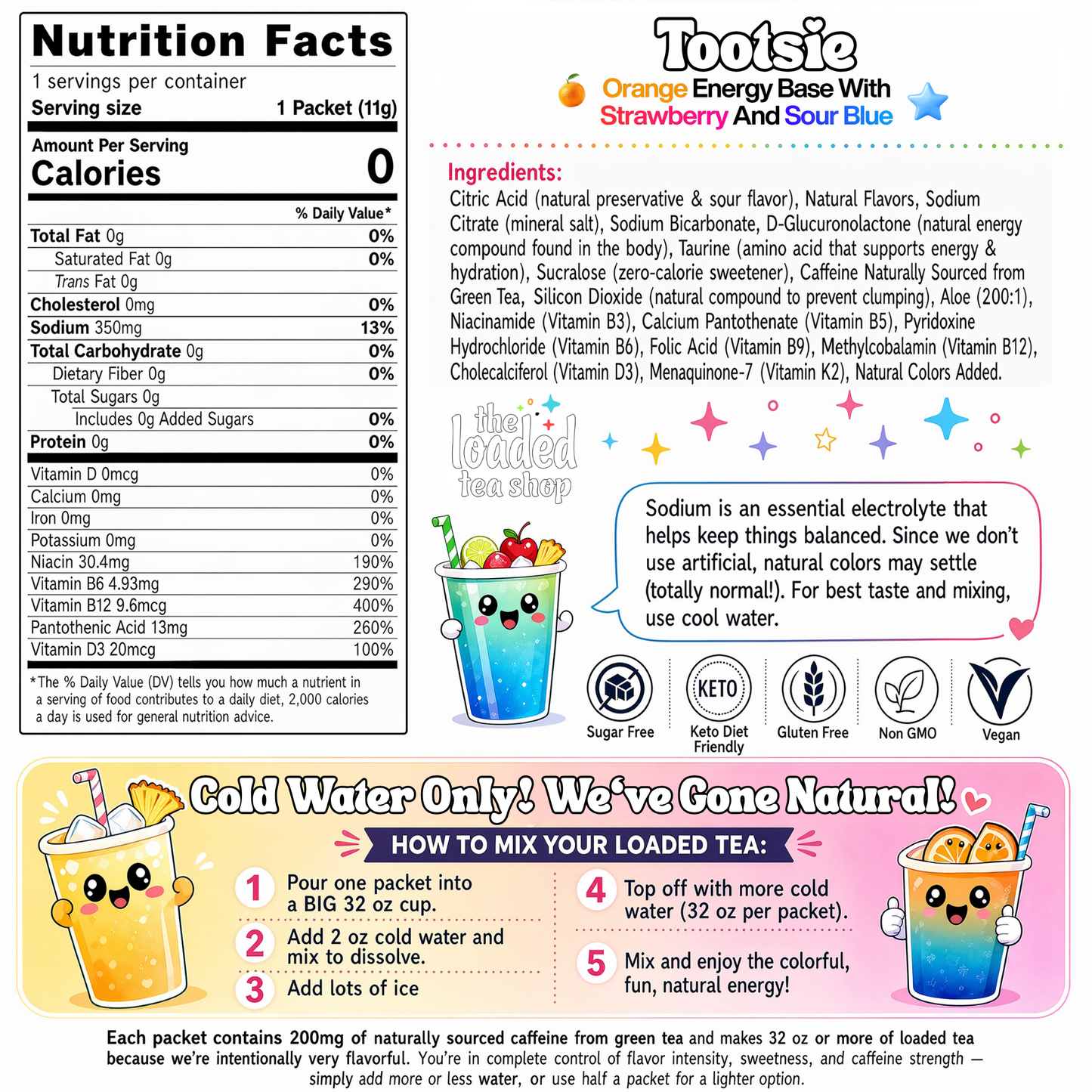 Nutrition Facts label for Loaded tea mix packet with ingredients and allergy icons