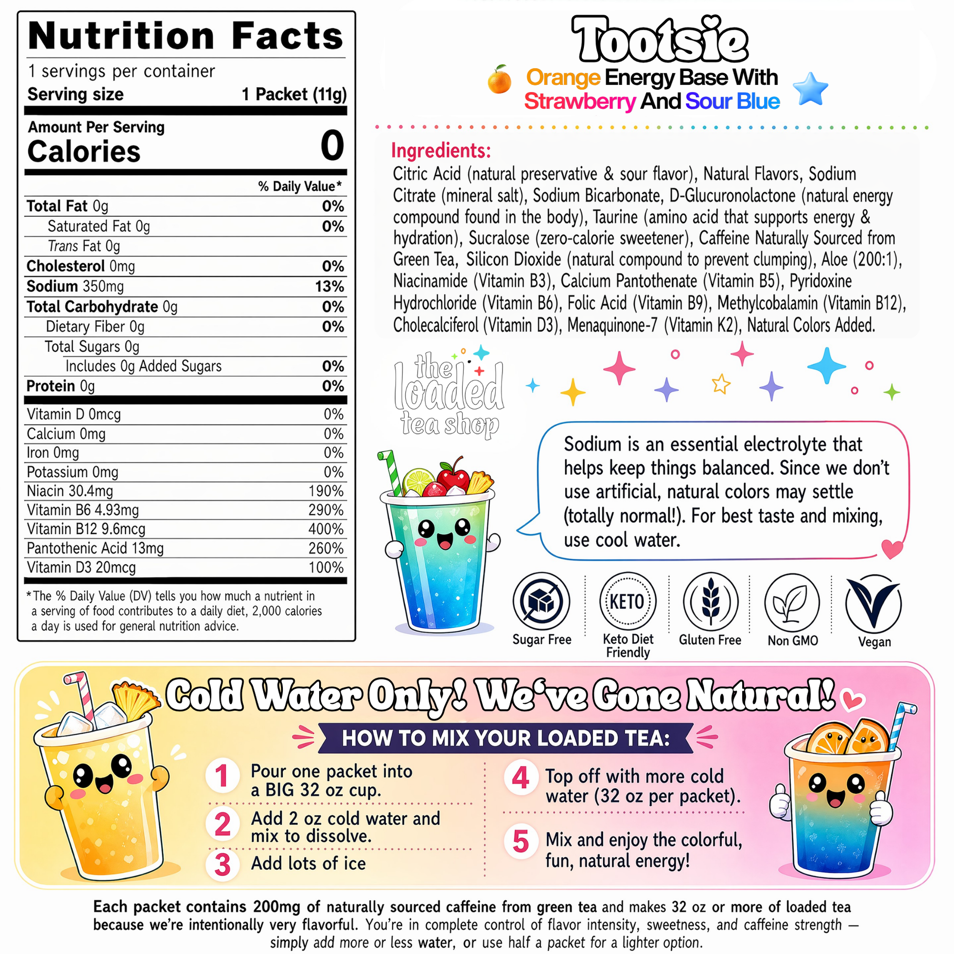 Nutrition Facts label for Loaded tea mix packet with ingredients and allergy icons