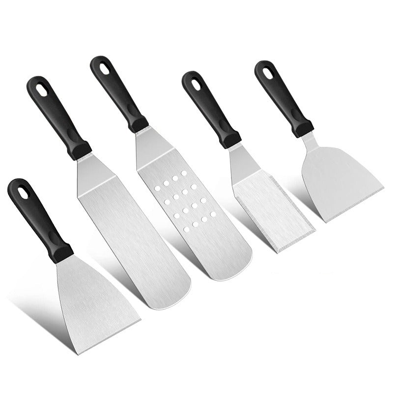 Set of stainless steel barbecue spatulas with black handles and perforated blades