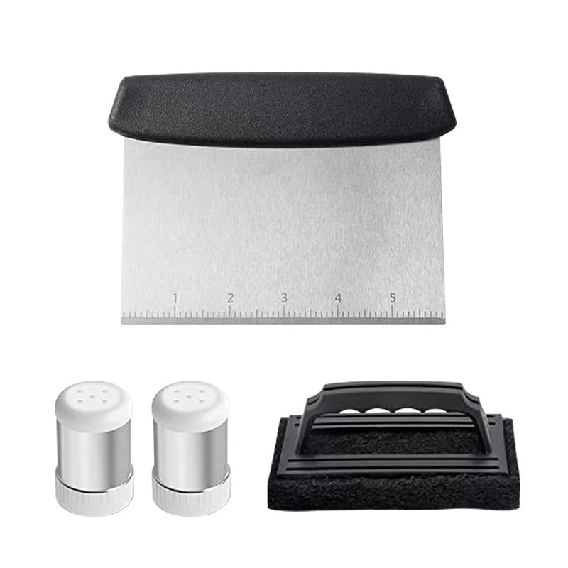 Barbecue tool accessories set with stainless shakers, scraper, and measuring guide